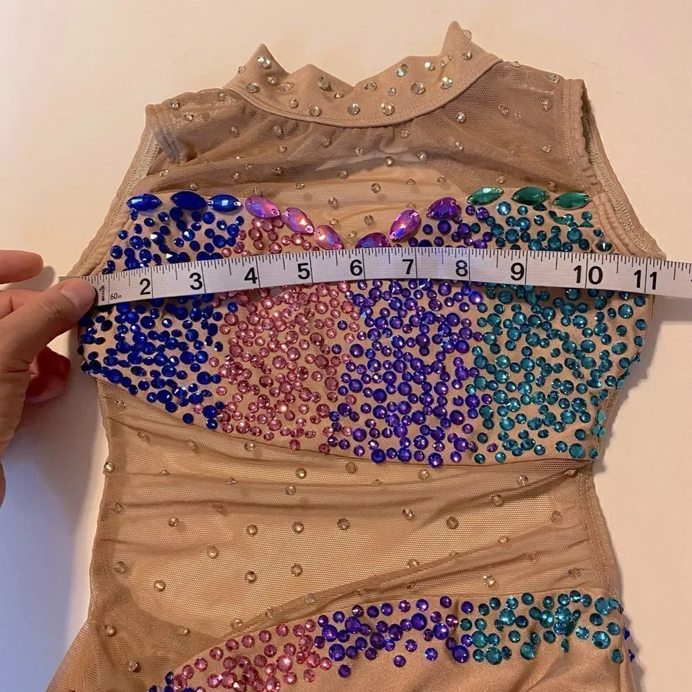 AA dance design costume solo tan beige nude illusion custom rhinestone ombre S